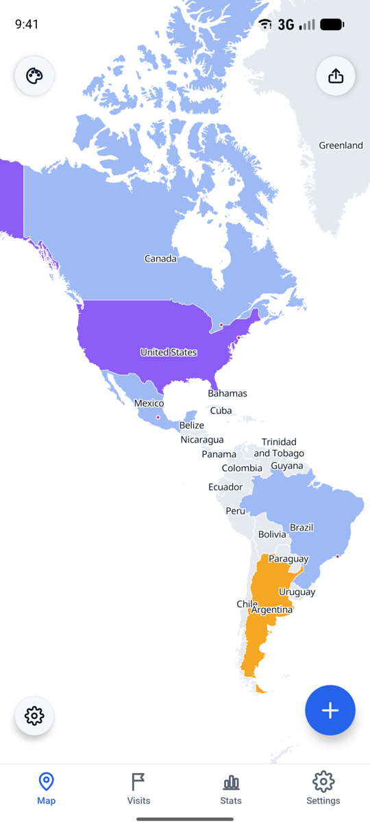 The Onedermap world map with visited countries filled in across the Americas.