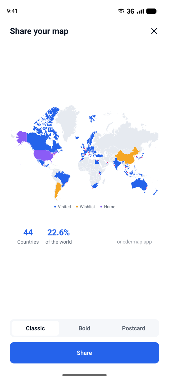 A share card showing a world map of visited countries with a country count and percentage.